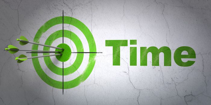 Success timeline concept: arrows hitting the center of target, Green Time on wall background, 3d render