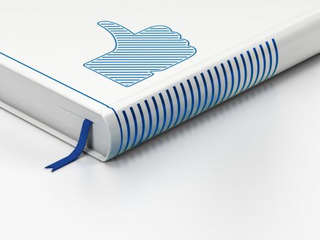 Social network concept: closed book with Blue Thumb Up icon on floor, white background, 3d render