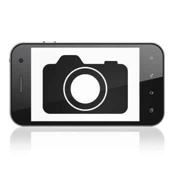 Travel concept: smartphone with Photo Camera icon on display. Mobile smart phone on White background, cell phone 3d render