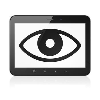 Protection concept: black tablet pc computer with Eye icon on display. Modern portable touch pad on White background, 3d render