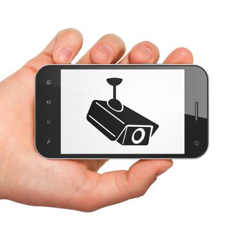 Security concept: hand holding smartphone with Cctv Camera on display. Mobile smart phone on White background, 3d render