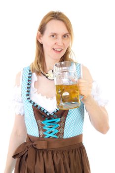 Blond woman with dirndl and beer at Oktoberfest