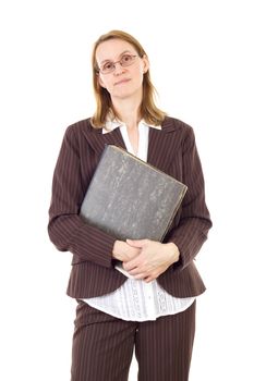 Businesswoman holding ring binder with important documents