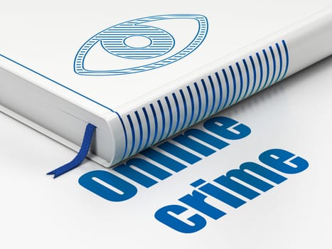 Security concept: closed book with Blue Eye icon and text Online Crime on floor, white background, 3d render
