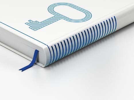 Safety concept: closed book with Blue Key icon on floor, white background, 3d render