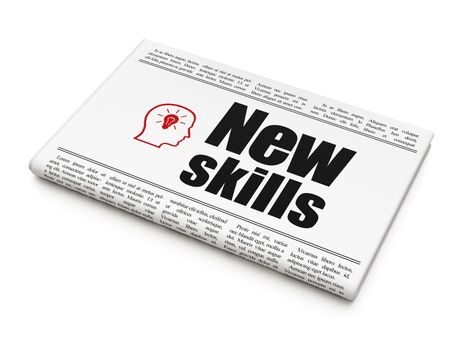 Education concept: newspaper headline New Skills and Head With Lightbulb icon on White background, 3d render