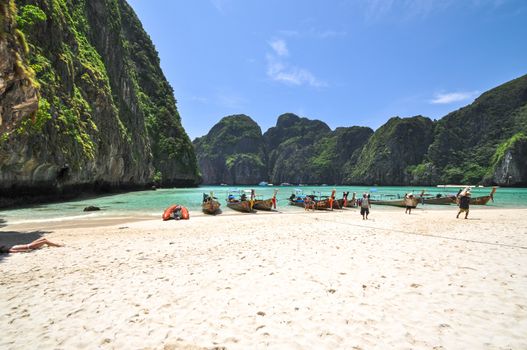 Long tail wooden boats at Maya Bay, Thailand Perfect tropical bay, Asia.