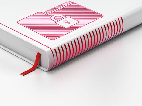Business concept: closed book with Red Folder With Lock icon on floor, white background, 3d render