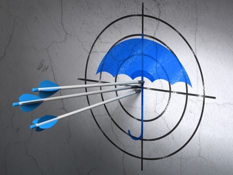 Success privacy concept: arrows hitting the center of Blue Umbrella target on wall background, 3d render