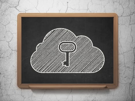 Cloud computing concept: Cloud With Key icon on Black chalkboard on grunge wall background, 3d render