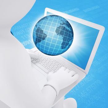 3d white man sitting with a laptop. Globe flying out of screen. The concept of Computer Technology