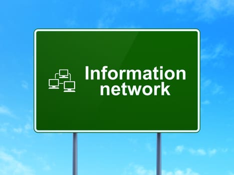 Information concept: Information Network and Lan Computer Network icon on green road (highway) sign, clear blue sky background, 3d render