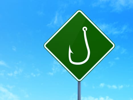 Protection concept: Fishing Hook on green road (highway) sign, clear blue sky background, 3d render