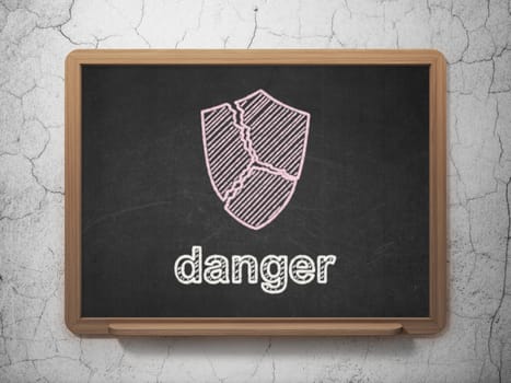 Safety concept: Broken Shield icon and text Danger on Black chalkboard on grunge wall background, 3d render