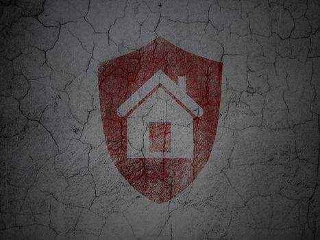 Safety concept: Red Shield on grunge textured concrete wall background, 3d render