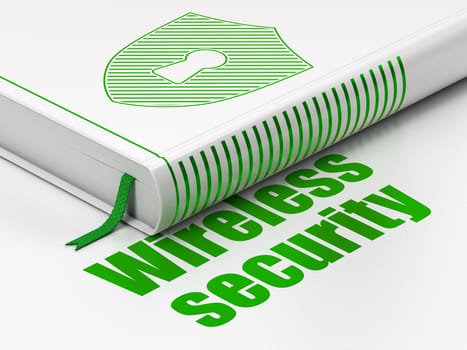 Security concept: closed book with Green Shield With Keyhole icon and text Wireless Security on floor, white background, 3d render