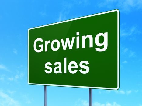 Finance concept: Growing Sales on green road (highway) sign, clear blue sky background, 3d render