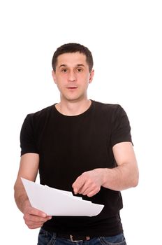 frightened man with letter isolated on white background