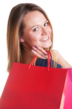 Woman Carrying Shopping Bags isolated in a white background