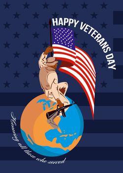 Greeting card poster showing illustration of an African-American soldier serviceman carrying armalite rifle with stars and stripes flag on top of globe with words Happy Veterans day.
