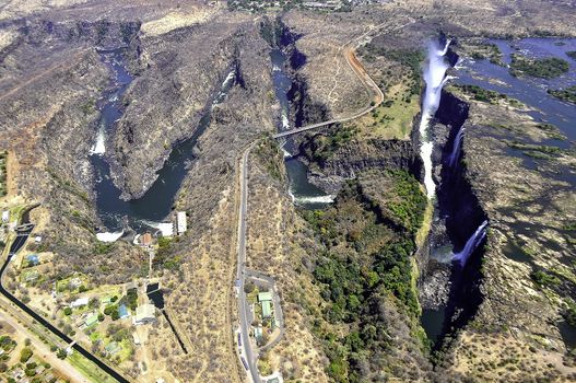 The Victoria Falls from air in Zimbabwe.