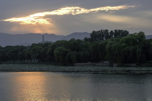 The Summer palace under the sunset in Beijing.