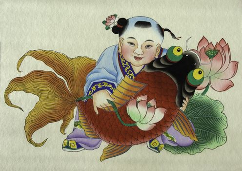 The traditional chinese peasant painting showing happiness and rich.