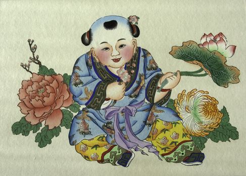 The traditional chinese peasant painting showing happiness and rich.