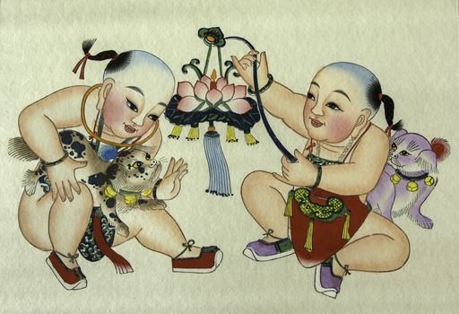 The traditional chinese peasant painting showing happiness and rich.