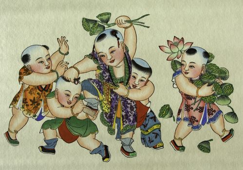 The traditional chinese peasant painting showing happiness and rich.