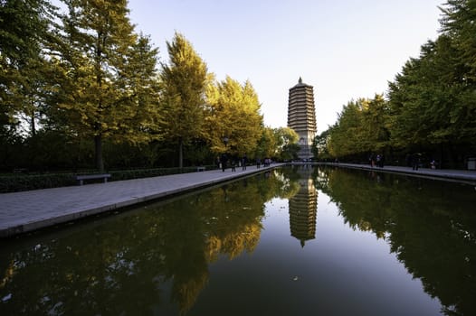 The Linglong tower under the sunshine in Beijing, China.