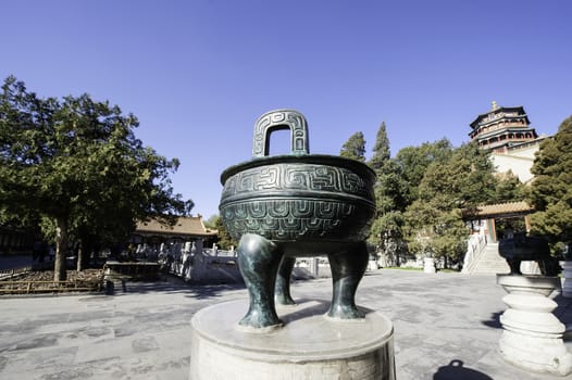 The bronze tripod (Ding) often used in the worship of heaven and earth,in summer palace of Beijing, China.