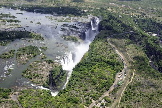 The Victoria Falls from air in Zimbabwe.