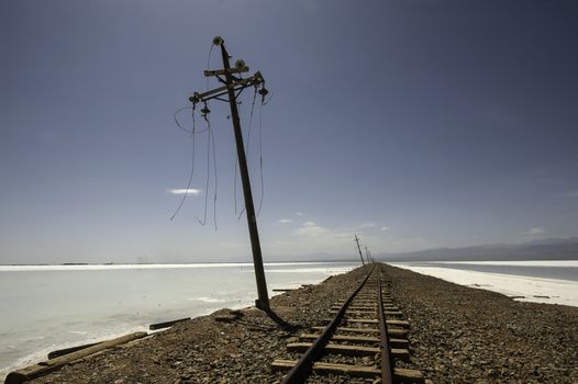 The tracks of railroad in Chka salt lake of Qinghai, China.