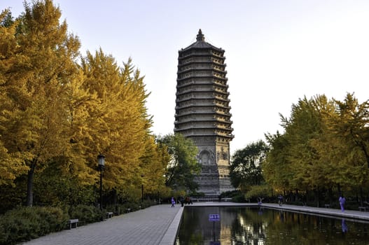The Linglong tower under the sunshine in Beijing, China.