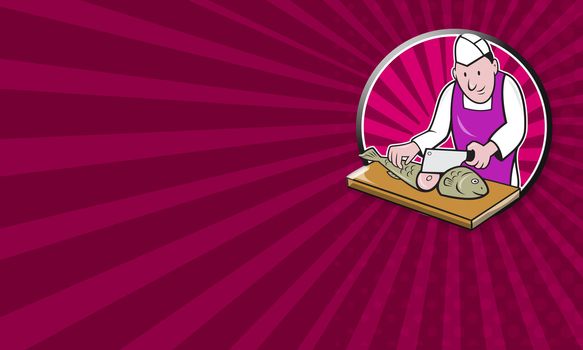 Business card template showing retro style illustration of a butcher fishmonger sushi chef cutter worker with meat cleaver knife chopping fish facing front set inside circle on isolated background.