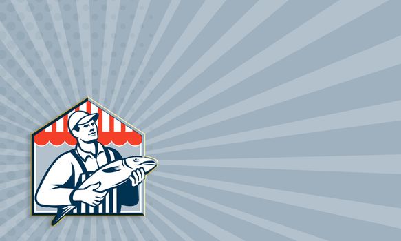 Business card template showing retro style illustration of a butcher fishmonger worker fish facing front on isolated background done in retro style.