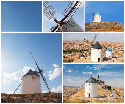 Set of photos with windmills, Consuegra, Spain