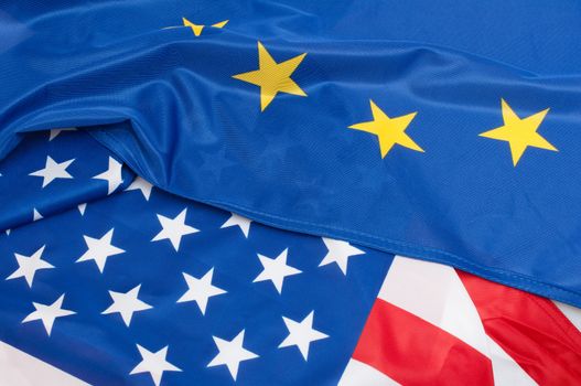 Closeup of Flags of USA and European Union