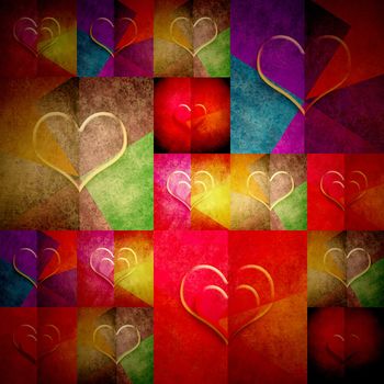 cheerful greeting card valentines day grunge background with many hearts in bright colors