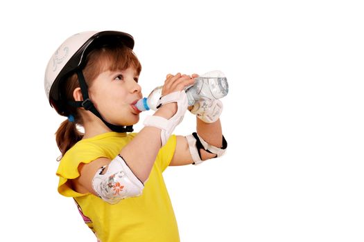 little girl with protective gear drink water 