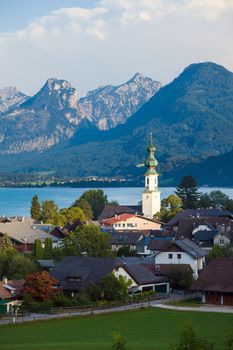 St. Gilgen and Wolfgang See lake with Sparber and Bleckwand peaks, Alps mountains, Austria