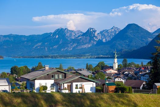 St. Gilgen and Wolfgang See lake with Sparber and Bleckwand peaks, Alps mountains, Austria