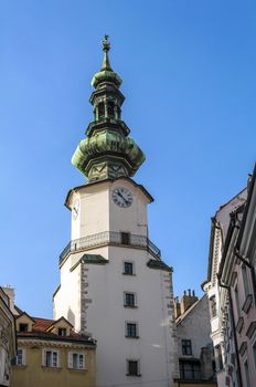 Clock tower at the St. Michael's Gate, Bratislava, Slovakia.