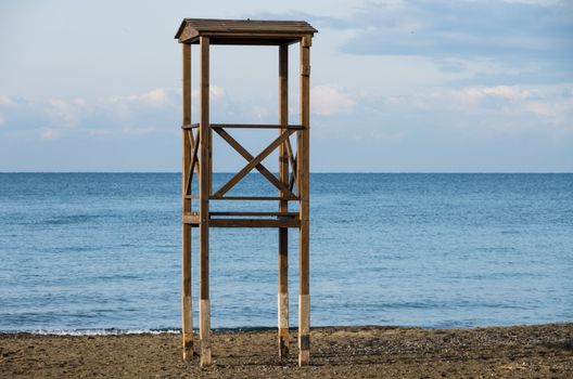 Solitary lifeguard tower during winter on the tuscany coast