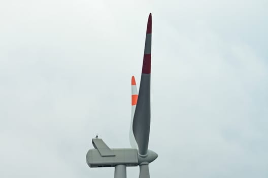 Detail of the top of a wind turbine located on the hills of Tuscany near Riparbella