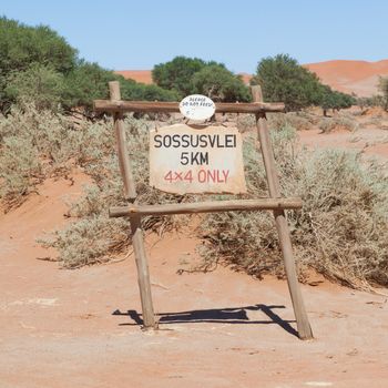 Sign of the Deadvlei (Sossusvlei), the famous red dunes of Namib desert, Namibia