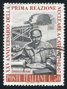 ITALY - CIRCA 1967: stamp printed by Italy, shows Enrico Fermi at Los Alamos and Model of 1st Atomic Reactor, circa 1967