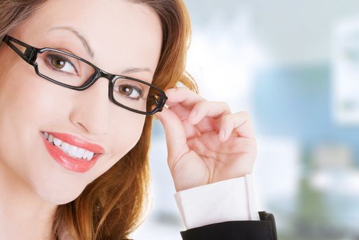 Happy businesswoman portrait, isolated on white