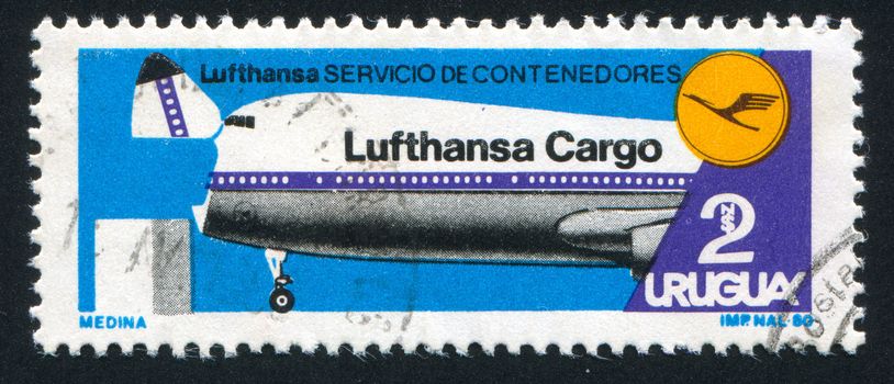 URUGUAY - CIRCA 1980: stamp printed by Uruguay, shows Lufthansa Cargo Container Service Inauguration, circa 1980